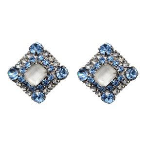 Vintage 1960s Signed Hobe Frosted, Clear & Blue Rhinestone Clip Earrings-2 Pieces