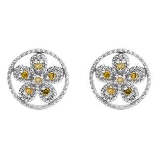 .925 Sterling Silver Yellow Diamond Accent Star and Wheel Milgrain Style Stud Earrings (Yellow Color, I2-I3 Clarity) For Sale