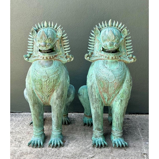 Vintage Verdigris Bronze Temple Lions - A Pair For Sale - Image 4 of 17