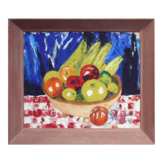 Mid Century Modern Fauvist Basket of Fruit Still-Life in Primary Colors by T. Brown For Sale