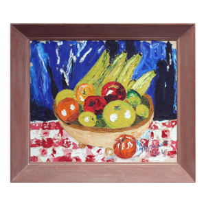 Mid Century Modern Fauvist Basket of Fruit Still-Life in Primary Colors by T. Brown