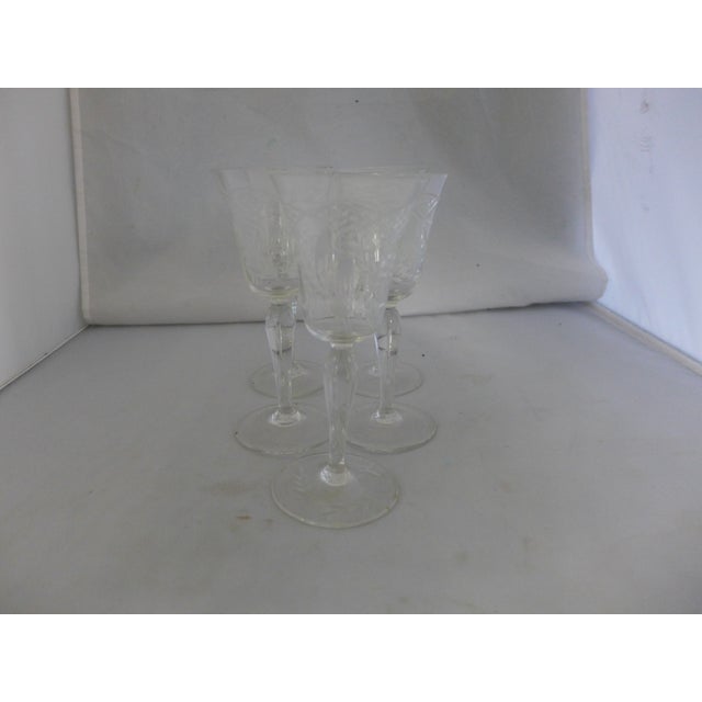 Vintage set of five elegant etched sherry glasses, no makers mark. One has small chipped on the base.