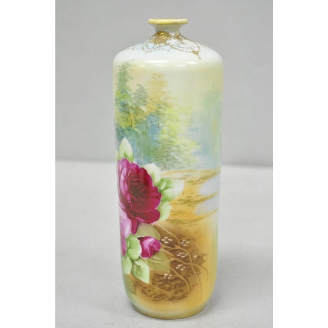 Ceramic Antique Nippon Hand Painted Pink Rose & Lake Scene Small Porcelain Cylinder Vase For Sale - Image 7 of 14