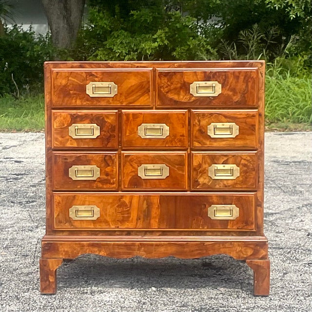 Late 20th Century Vintage Regency Italian Patchwork Olive Burl Wood Petite  Chest of Drawers | Chairish