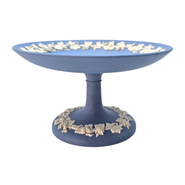Ceramic Wedgwood Blue Jasperware Grapevine Pedestal Compote Dish England Classical Relief 6" For Sale - Image 7 of 14
