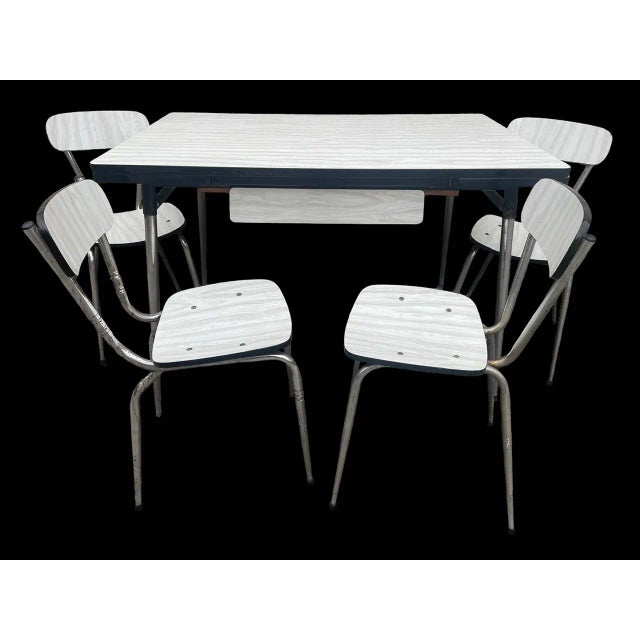 Formica set 1 Table with 2 chromed foot extensions, white tray, 1 drawer 4 chairs chrome structures and seat and white...