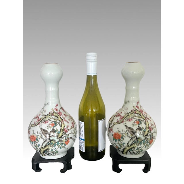 Chinoiserie Famille Rose Chinese Fine White Porcelain Garlic Head Vases With Birds & Cherry Blossoms, a Pair For Sale - Image 3 of 14