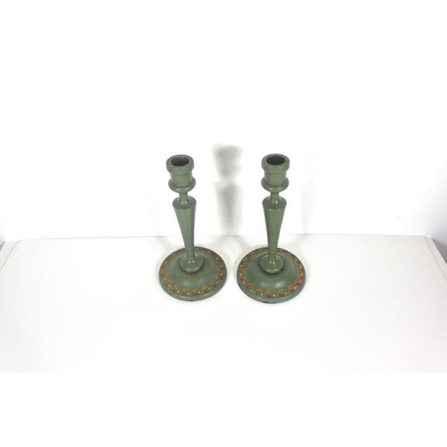 Green Antique Hand Painted Wooden Candle Holders a Pair For Sale - Image 8 of 11