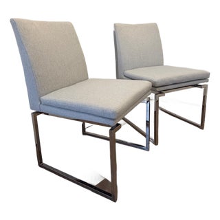 Pair of Modern Nuevo Savine Light Grey Tweed Dining Chairs With Polished Stainless Cantilever Bases For Sale