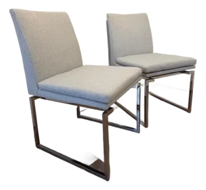 Pair of Modern Nuevo Savine Light Grey Tweed Dining Chairs With Polished Stainless Cantilever Bases