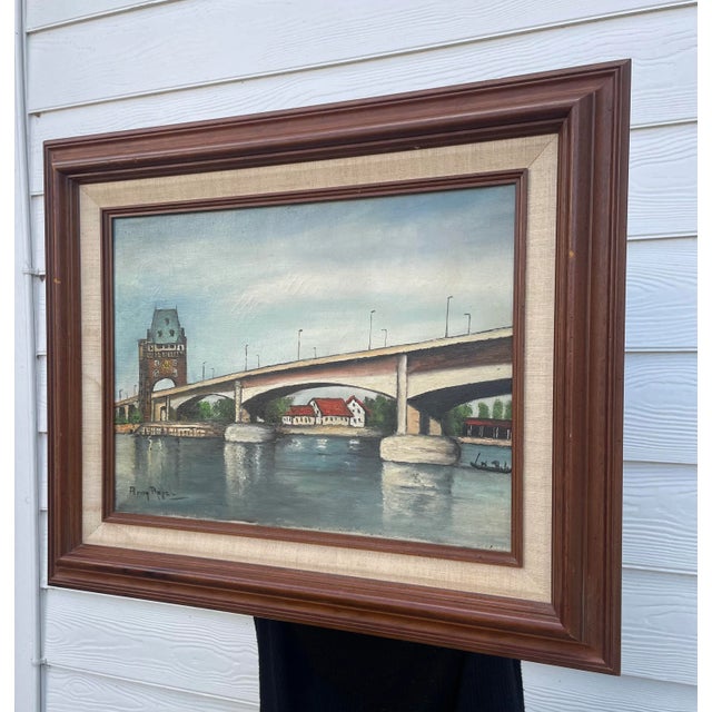 1970s Rustic European Still Life Rhine River Bridge Framed Original Oil Painting For Sale - Image 5 of 12
