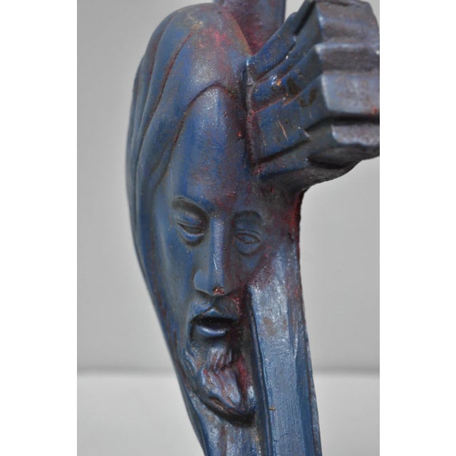 Vintage Religious Jesus Sculpted Resin Blue Mid Century Wall Crucifix Cross For Sale - Image 10 of 14