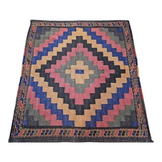 Vintage Persian Sofreh Qashqai Tribal Kilim, Handwoven Wool, Geometric Multicolor Pattern, 4’ X 4’ For Sale