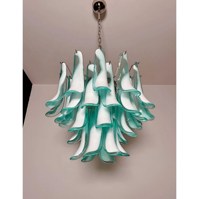 Italian Vintage Murano Chandelier with 36 Lattimo Turquoise Glass Petals from Mazzega, 1990 For Sale - Image 9 of 18