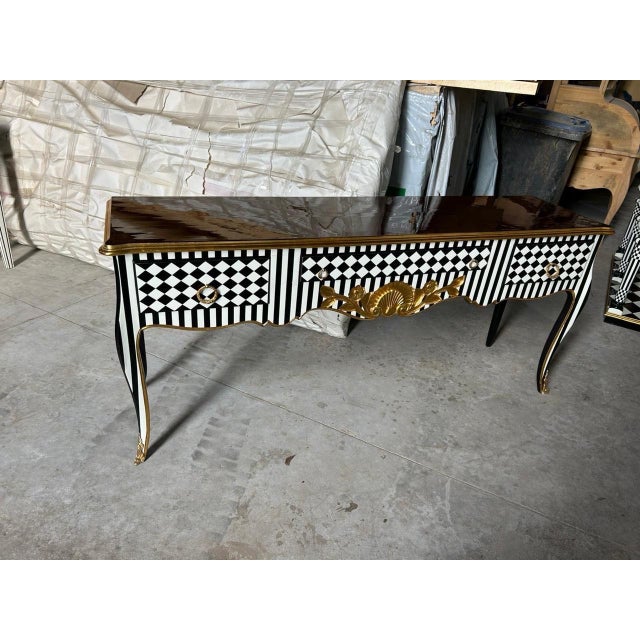 1960s Unique Louis XV Courtly checkered Handmade 3 drawers console Table- Blk|Wht|gld For Sale - Image 4 of 5
