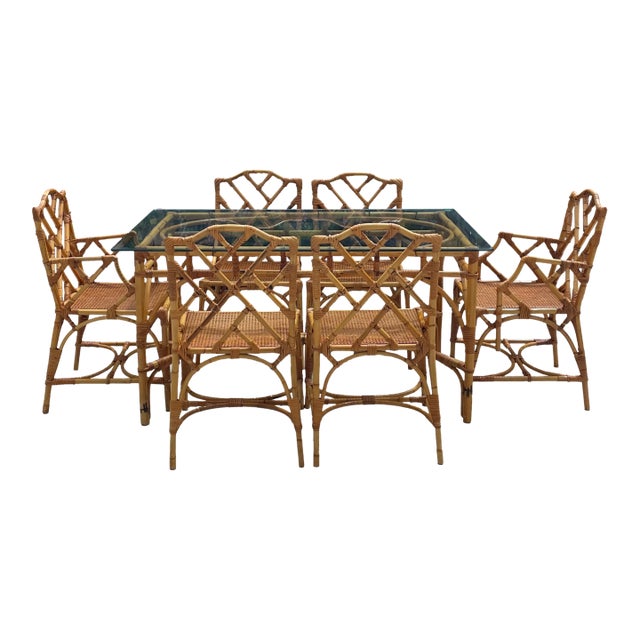 Italian Vintage Rattan Chippendale Style Dining Chairs, Set of 6 After Dal Vera For Sale