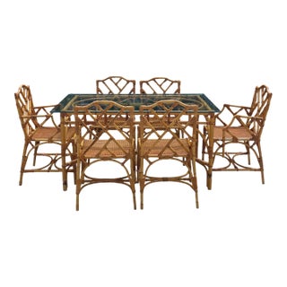 Italian Vintage Rattan Chippendale Style Dining Table & Chairs, After Dal Vera For Sale