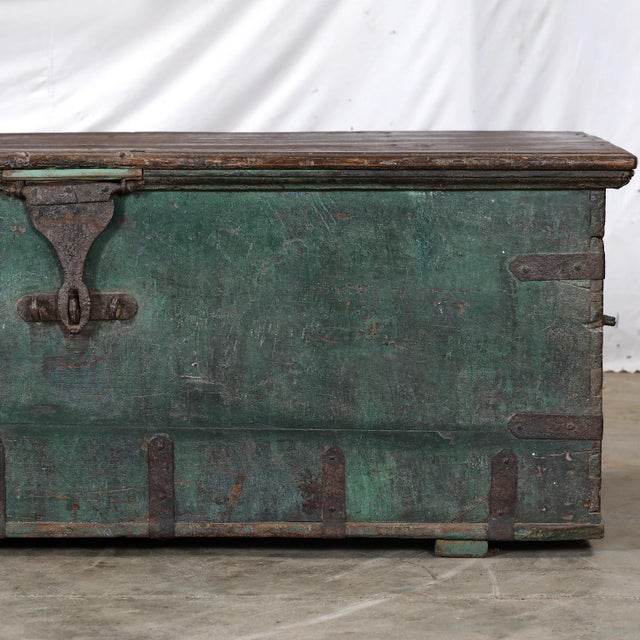 Antique Indian Painted Teakwood Chest/Coffee Table, late 19th century from Rajasthan. With iron support strapping, and...