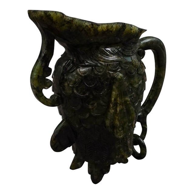 Mid 20th Century Chinese Carved Spinach Jade Carved Small Handled Pitcher For Sale
