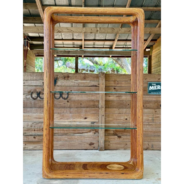 Mid 20th Century Monumental Vintage Pencil Rattan Waterfall Étagère With Glass Shelves For Sale - Image 5 of 12