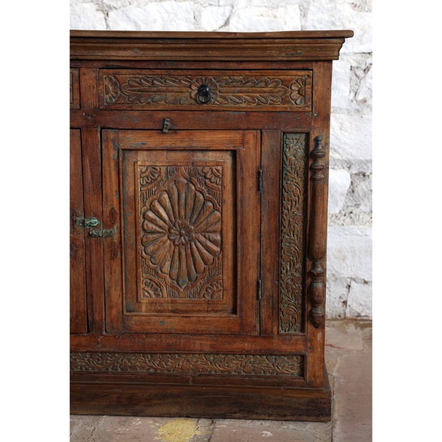 Mid-Century Modern Antique Hand-Carved Long Sideboard – Rustic Wood Credenza Tv Console 88x40 For Sale - Image 3 of 8