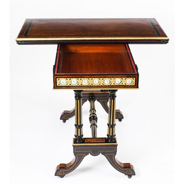 Antique 19th Century Amboyna Card Console Tables with Porcelain Plaques, Set of 2 For Sale - Image 17 of 18