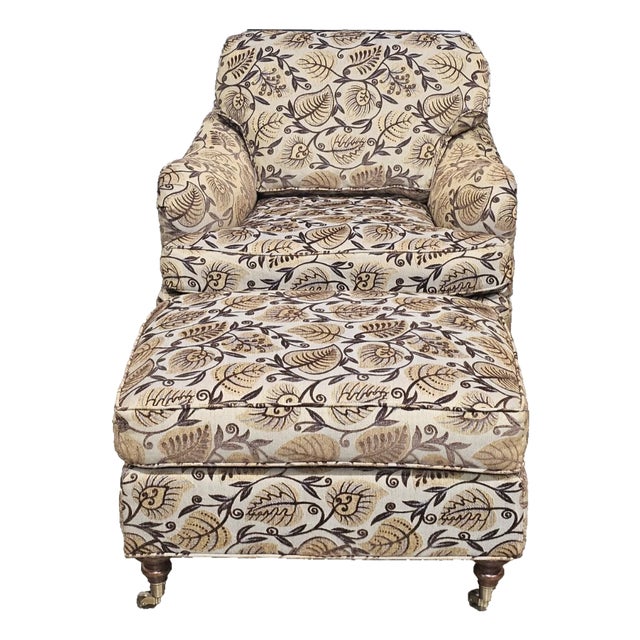 Late 20th Century Stickley Lounge Arm Chair With Matching Ottoman Footstool Needlepoint Fabric For Sale