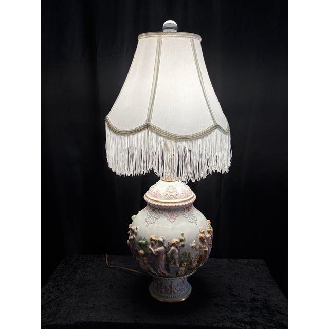 Vintage Italian Capodimonte Porcelain Table Lamp With Custom Fringe Shade - Mythological Bas Relief For Sale - Image 9 of 13