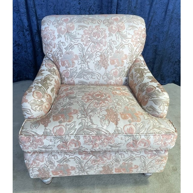 Lounge Chair by Hickory Craft Chair With Orange and Creme Color Damask Fabric For Sale - Image 12 of 14
