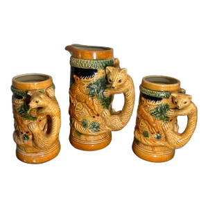 Vintage Mid 20th Century Majolica Beer Steins- Set of 3