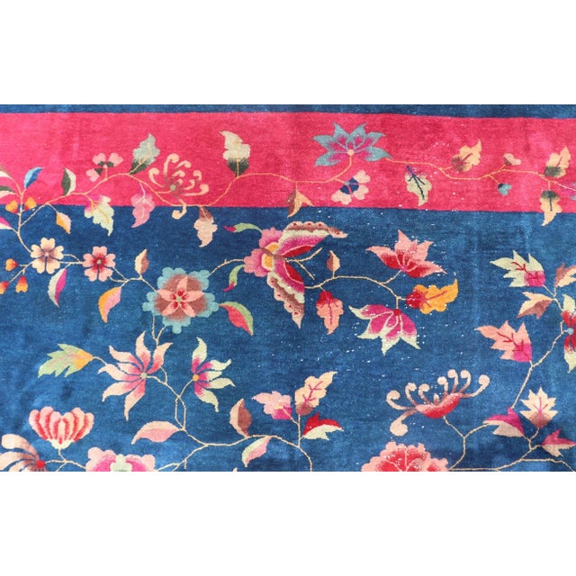 Textile Early 20th Century Blue Background Chinese Art Deco Rug With Large Vining Flowers and Leaves For Sale - Image 7 of 12