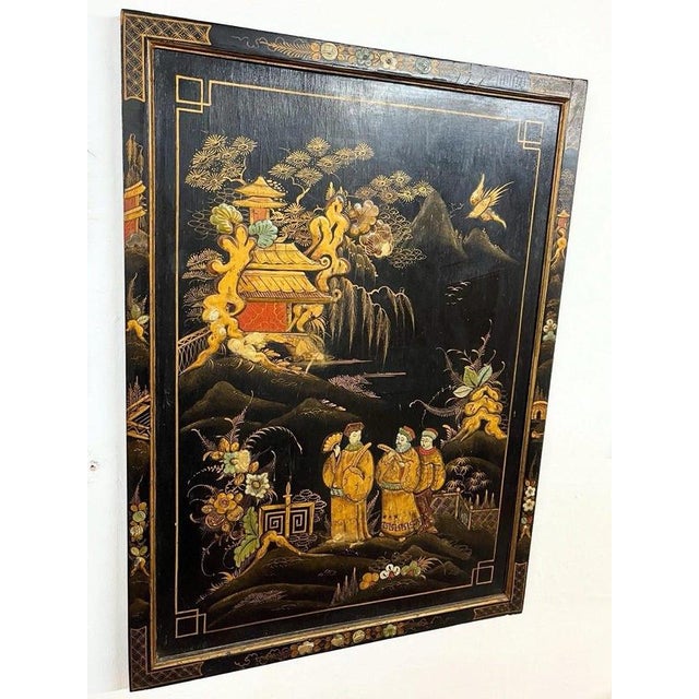 Antique Chinoiserie Black Lacquer Decorative Panel with Gilt Figures, 1950 For Sale - Image 3 of 6
