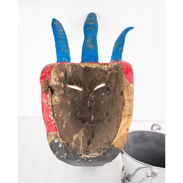 Large Vintage Hand Carved Red Diablo Costume Mask With Beard & Blue Feathers For Sale - Image 14 of 18