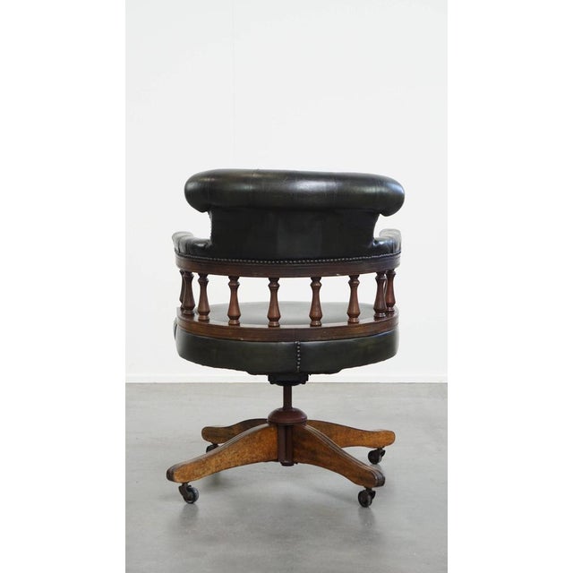 Dark Green Cowhide and Wooden Height Adjustable Swivel and Tilt Chesterfield Office Chair For Sale - Image 4 of 17