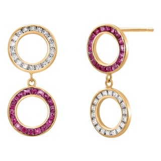 14k Yellow Gold Ruby and Diamond Circle Drop Earrings, 0.65ct, Pair For Sale