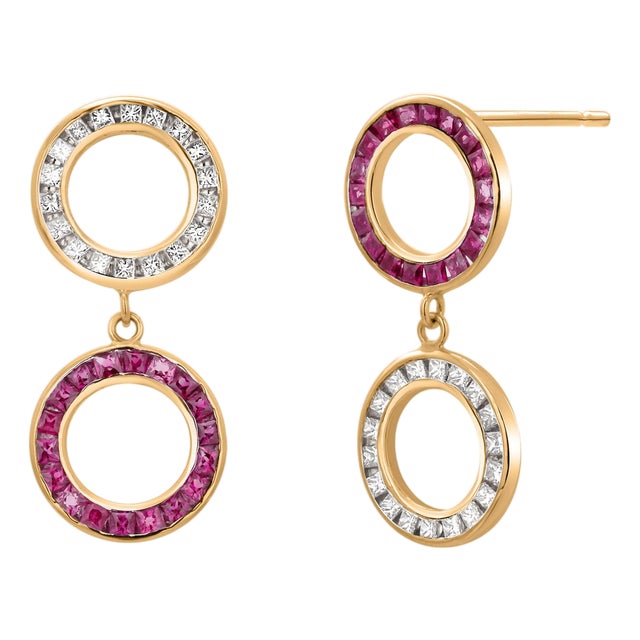 14k Yellow Gold Ruby and Diamond Circle Drop Earrings, 0.65ct, Pair For Sale