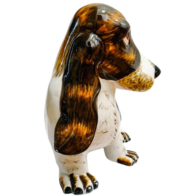Mid-Century Italian Hand-Glazed Majolica Reclining Basset Hound Statue For Sale In San Diego - Image 6 of 12