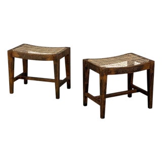 Pierre Jeanneret, Rectangular Low Stools, Teak, Cane, Chandigarh, India, 1960s For Sale
