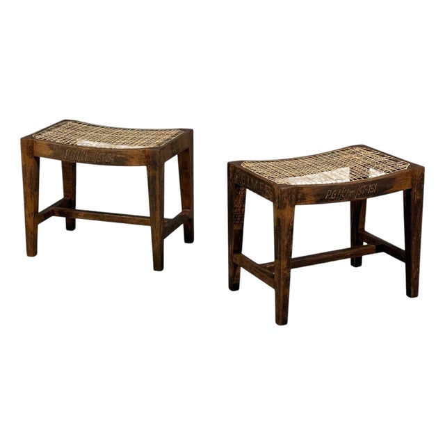 Pierre Jeanneret, Rectangular Low Stools, Teak, Cane, Chandigarh, India, 1960s For Sale