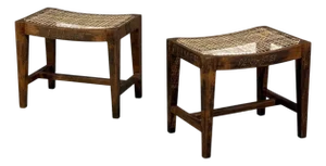 Pierre Jeanneret, Rectangular Low Stools, Teak, Cane, Chandigarh, India, 1960s