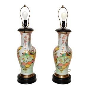 Pair, Fujita Kutani Porcelain Urn Table Lamps Gold Overlay Meiji Period Peacock