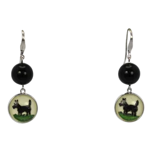 1940s Intaglio Underglass Scottie Dog Mother of Pearl & Onyx Earrings - 2 Pieces