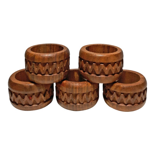 Vintage Carved Teak Napkin Rings From India - Set of 5 For Sale