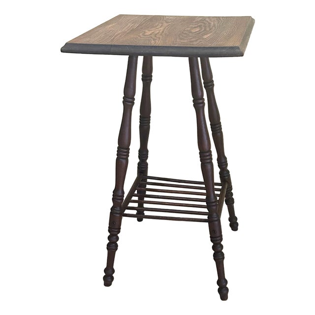 Antique, Dark Oak, Victorian-Style, Accent Table With Spool-Turned Legs and a Slatted Shelf, 1890’s For Sale