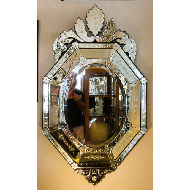 French Antique French Venetian Style Etched and Beveled Glass Wall Mirror Circa 1920s For Sale - Image 3 of 12