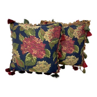 Vintage Traditional Style Floral Print Tassel Custom Throw Pillows - Pair For Sale