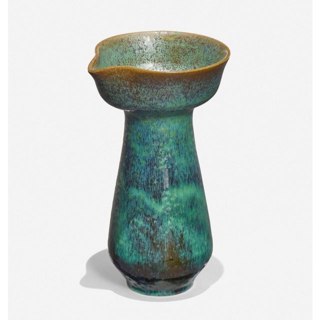 Otto and Gertrud Natzler Rare Pitcher Form with Cupped Top, 1960 c. Earthenware with green crystalline glaze 7 h × 4 w ×...