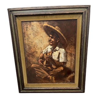 Rare Original Framed Chuck Oberstein Oil Painting. Hispanic Man Playing Guitar For Sale