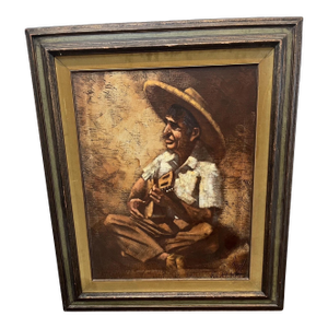 Rare Original Framed Chuck Oberstein Oil Painting. Hispanic Man Playing Guitar