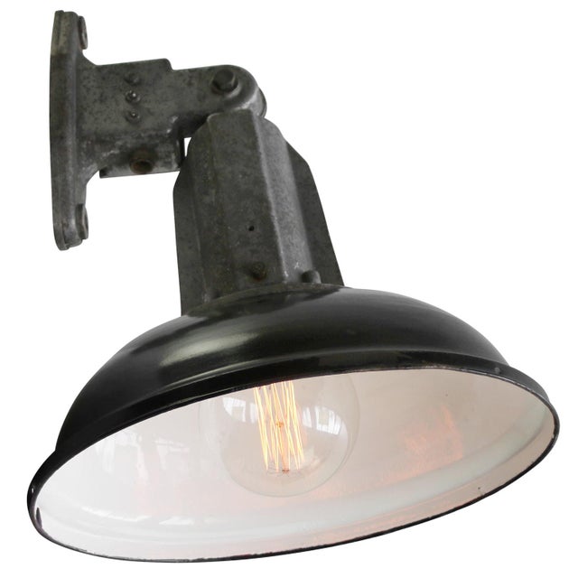 Vintage Industrial French Black Enamel Factory Wall Light For Sale - Image 5 of 8